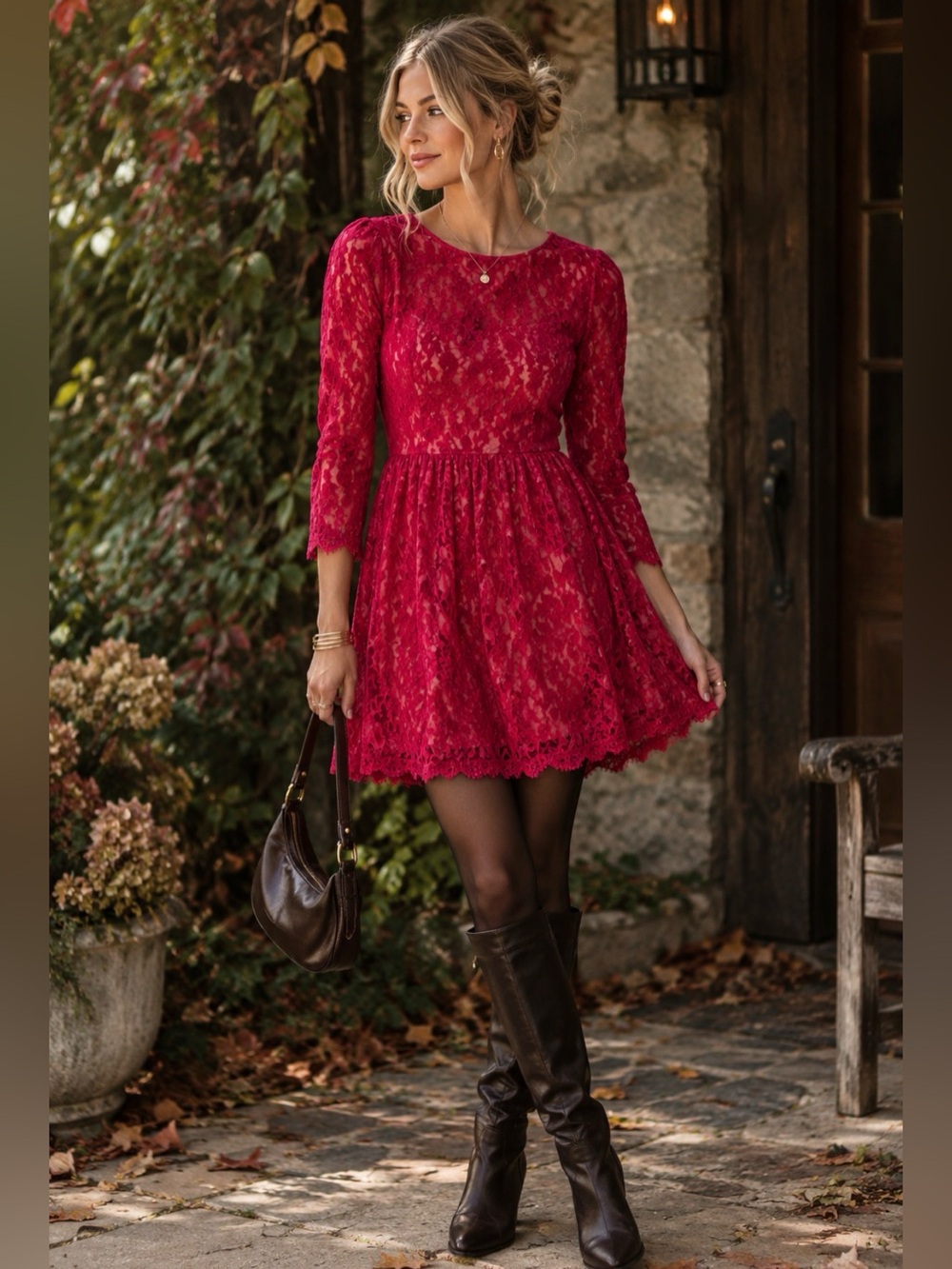 Free People Red Lace Mini Dress with 3/4 Sleeves Size 6